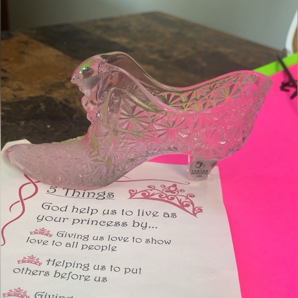 Vintage 1990 Fenton Iridescent Pink Glass Daisy & Button Cat Head Slipper Shoe 💖